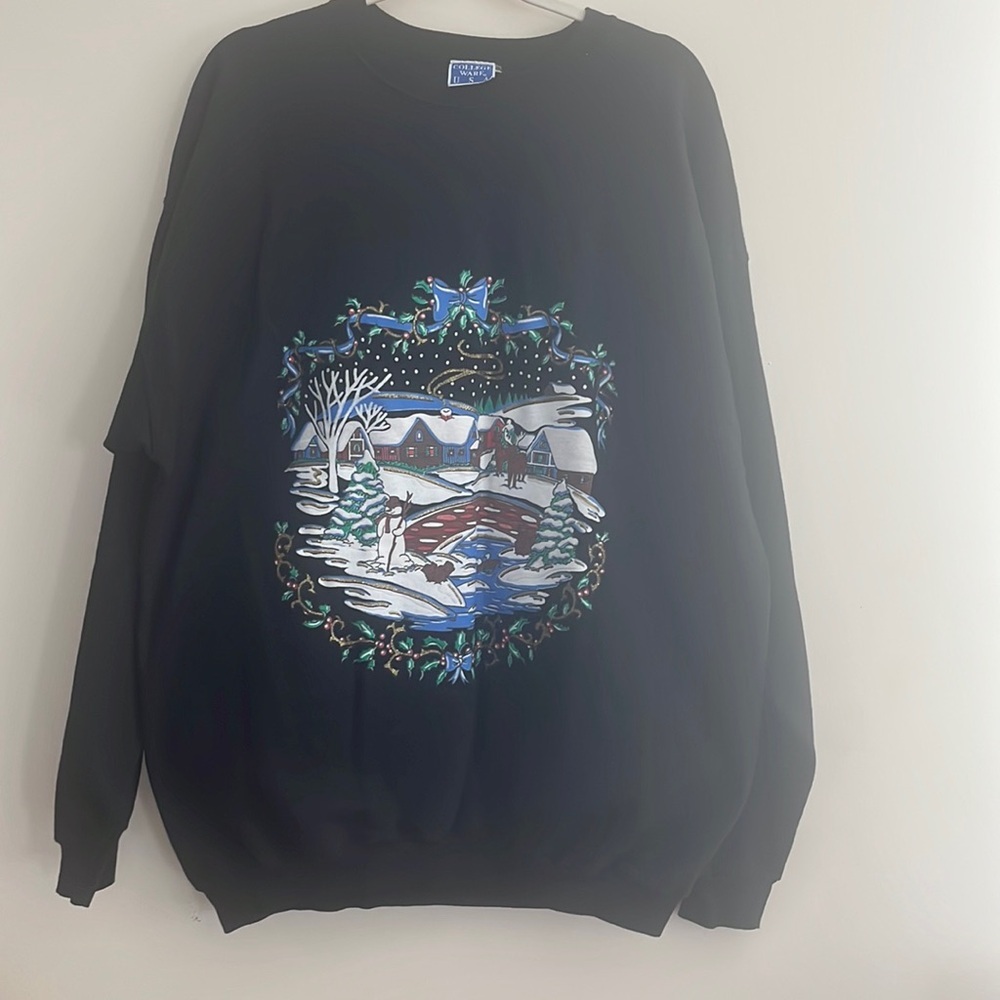 Vintage College Ware Christmas Holiday Winter Sweatshirt 80s Glitter Granny